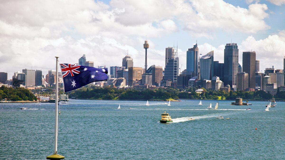Australian flag and Sydney CBD